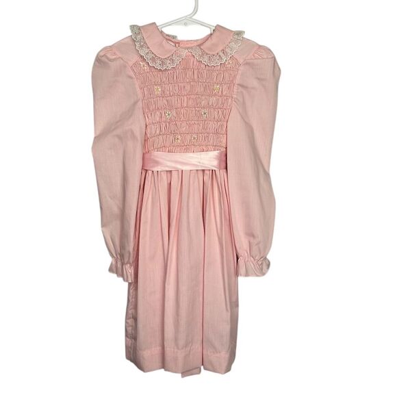 Polly Flinders Girls Pink Hand Smocked Dress Size 7 Vintage Formal - Picture 1 of 14